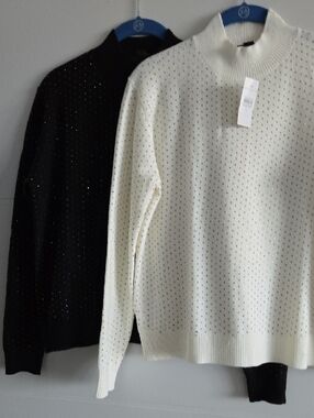 2 Ann Taylor Cream And Black Pointelle Mock Neck Sweaters